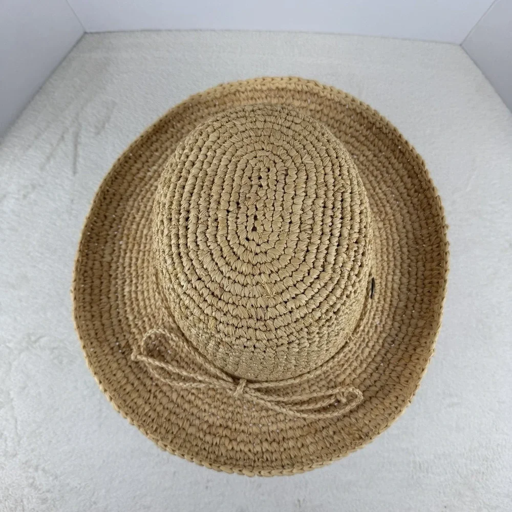 Scala Crocheted Twisted Raffia Straw Boater Hat with Drawstring One Size Natural
